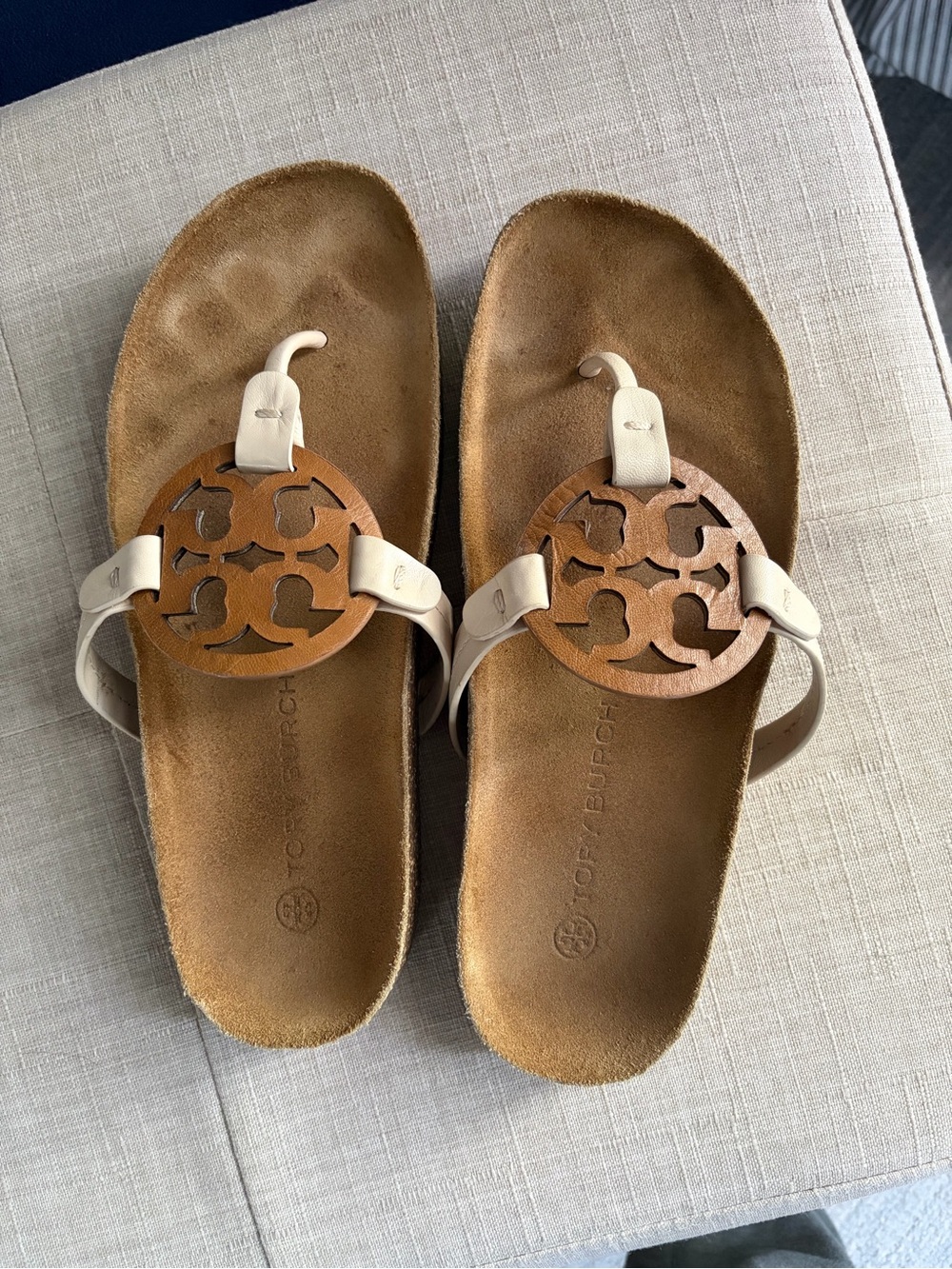 Tory Burch Miller cloud Tan leather Toe-Post Sandals with Cream Strapso
